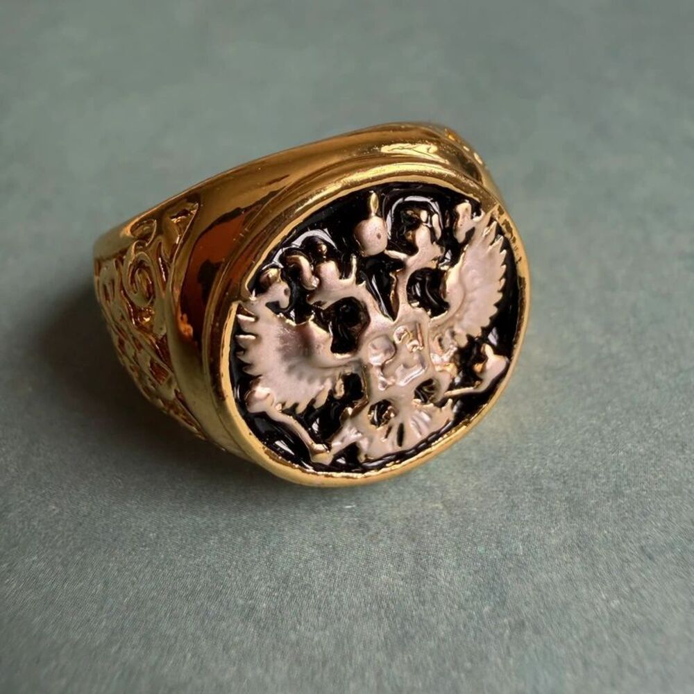 Vintage Style Russian Double-Headed Eagle Men's Signet Ring – Gold Tone & Black